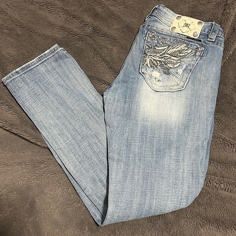 Miss Me Signature Straight Embellished Pocket Light Blue Denim Jeans 32